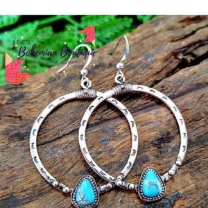 Silver turquoise boho hoops